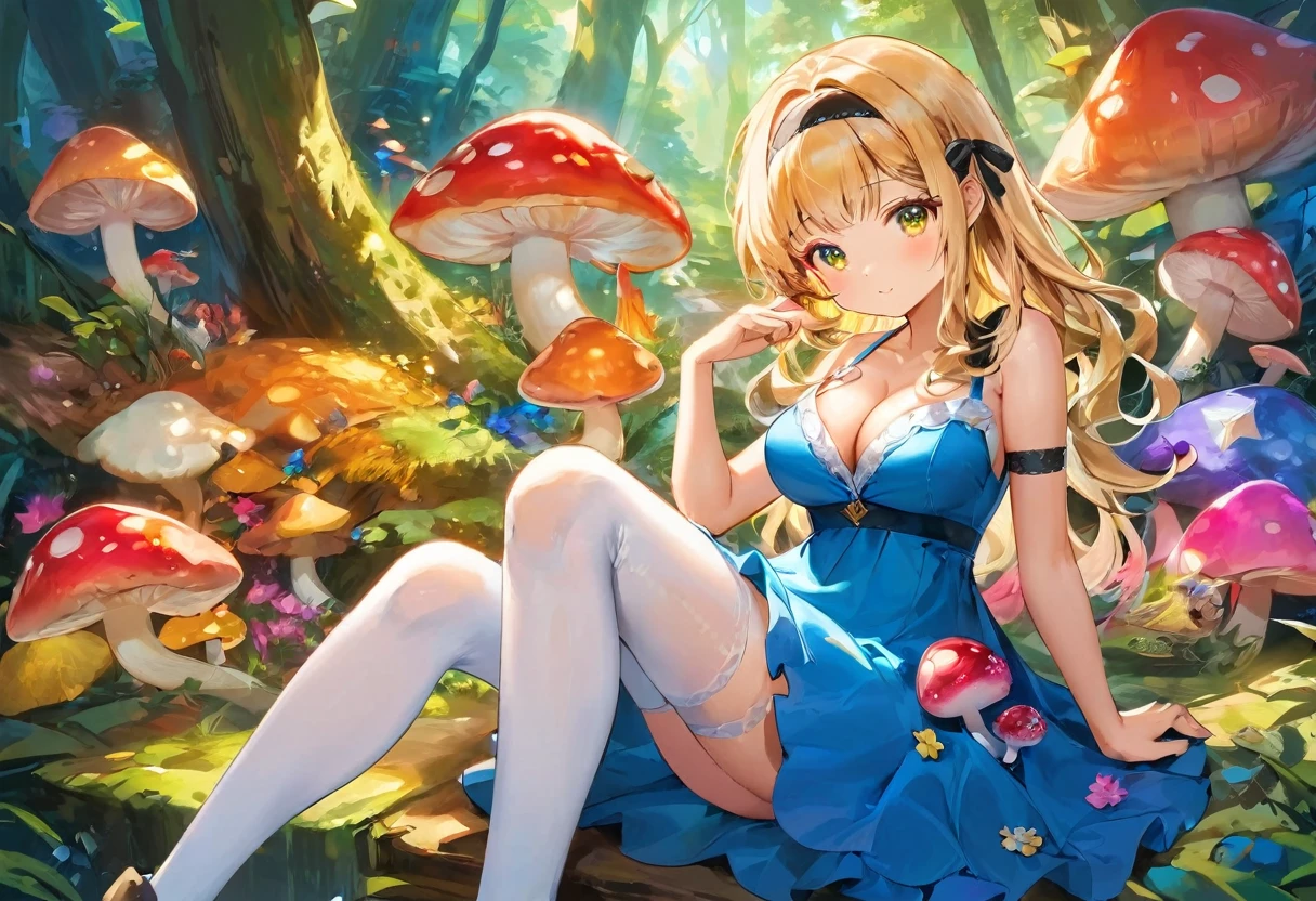 a beautiful 20 year old blonde woman with big messy hair in a short blue dress, white stockings, a thin black hairband, cleavage, holding a glowing mushroom, sitting on a giant glowing mushroom, side shot, side boob, fantasy art style, cartoon vibrant, cute detailed digital art, colorful digital fantasy art, digital fantasy art ), glossy digital painting, pastel vibrant