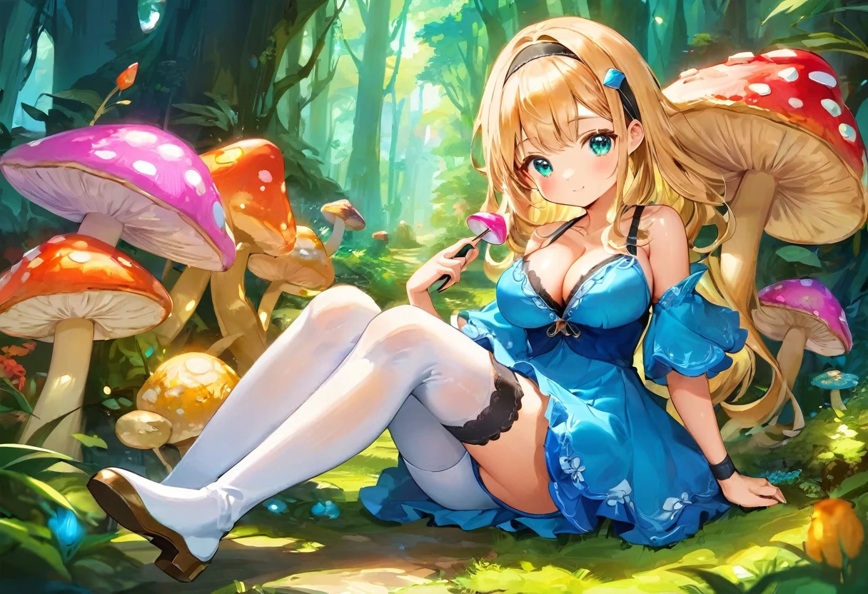 a beautiful 20 year old blonde woman with big messy hair in a short blue dress, white stockings, a thin black hairband, cleavage, holding a glowing mushroom, sitting on a giant glowing mushroom, side shot, side boob, fantasy art style, cartoon vibrant, cute detailed digital art, colorful digital fantasy art, digital fantasy art ), glossy digital painting, pastel vibrant