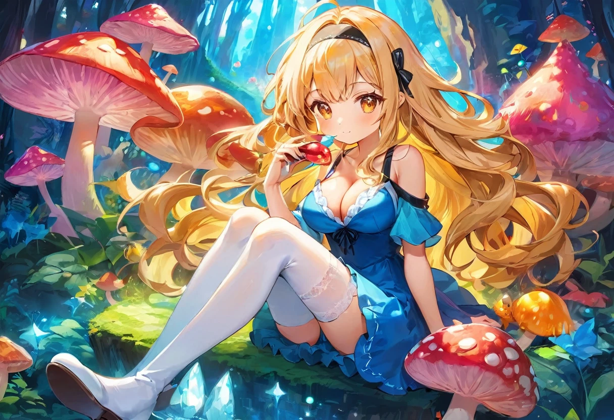 a beautiful 20 year old blonde woman with big messy hair in a short blue dress, white stockings, a thin black hairband, cleavage, holding a glowing mushroom, sitting on a giant glowing mushroom, side shot, side boob, fantasy art style, cartoon vibrant, cute detailed digital art, colorful digital fantasy art, digital fantasy art ), glossy digital painting, pastel vibrant