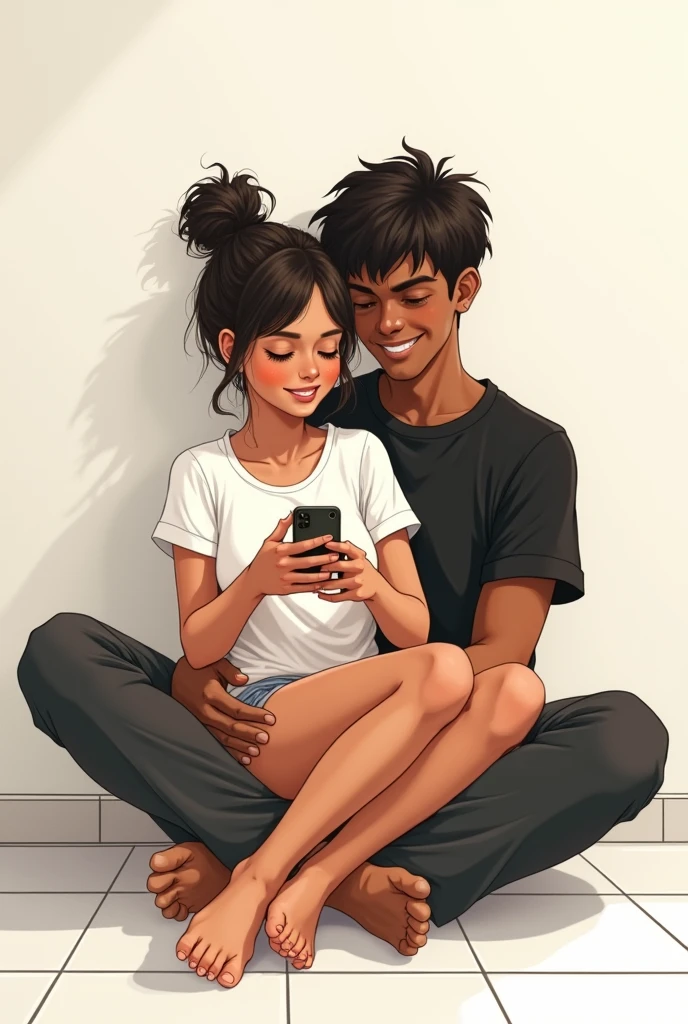A couple sitting on the floor. Girl sittig in between boy's legs. Girl wearing a long white t-shirt and a short and has a messy top hair bun. both have black hair. Boy wearing a black t-shirt and a trouser. boy's legs are straightly keeping on the floor while girl bending her legs while sitting on him. Girl is fair but boy has a brown skin. Both sitting facing same direction (not looking at eachother)
Both are smiling for a selfie looking at one phone . Girl stiing in between boy's legs
Background : a home : white walls, white tiles on the floor.
Illustrate type