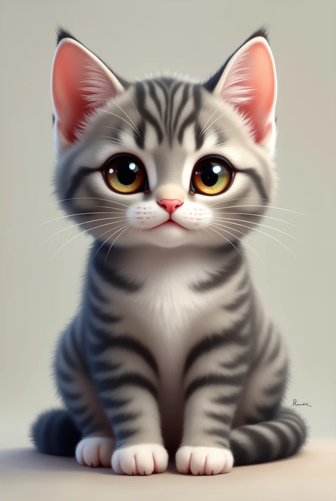 Create an image of a gray cat with stripes with white paw pads and brown eyes with a little green in the center, super cute and precious and adorable with very pointy ears and white at the tips, but just a little.