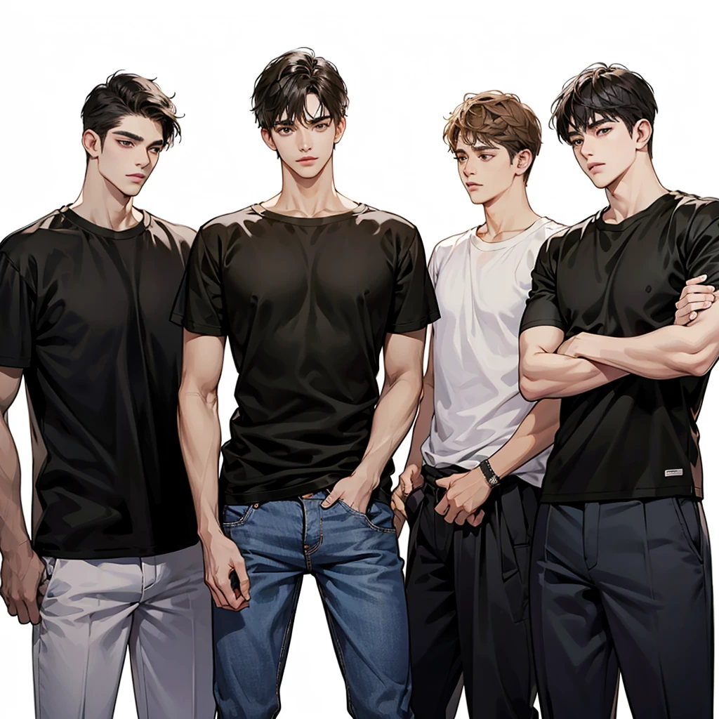 Four boys, black hair, brown eyes, simple background, high resolution, brown hair, stand in a line.., Wear a t-shirt, shut your mouth, handsome, cool,มองตรง,พื้นหลังสีน้ำตาล