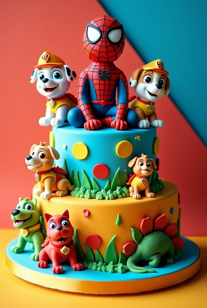 Spider-Man birthday party cake, with the paw patrol and dinosaurs on paper
