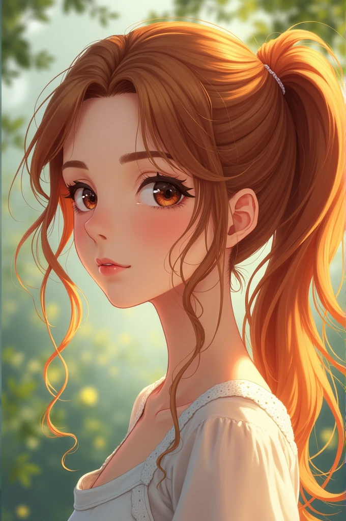 Anime girl with earth-toned hair in a ponytail