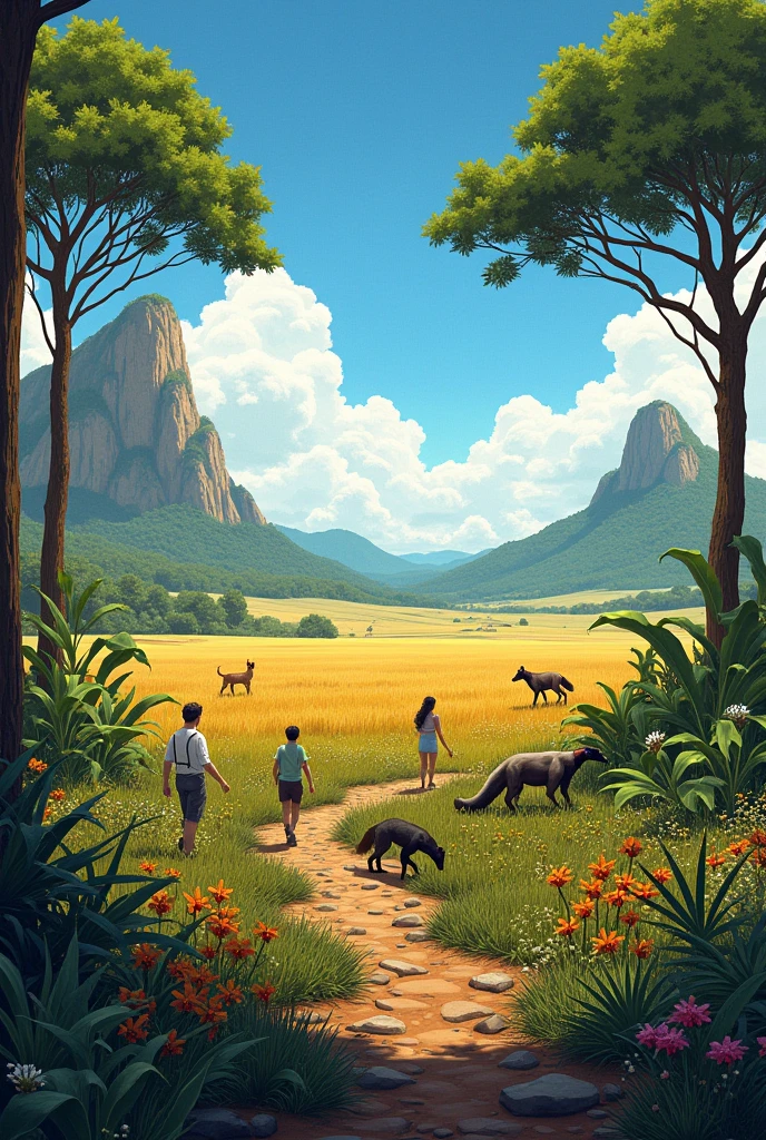A vast open field, with tall grasses and some characteristic trees, like the pequi tree and the ipê. You can see a maned wolf running in the background, while a giant anteater is feeding on ants in one of the trees. A group of people may be on a trail, admiring the beauty of the place.
In floor, you can find stones and some colorful flowers, like the orchids of the cerrado, adding vibrant touches to the landscape. The sky is blue with some white clouds, and the sun shines brightly.