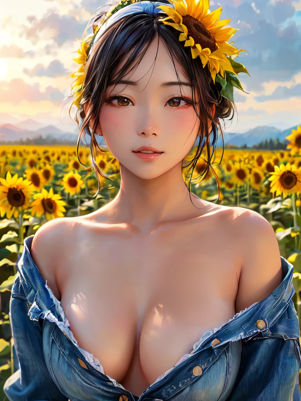 A Japanese woman with sunflowers in her hair、Posing in a field, beautiful sunflower, Ultra-realistic painting, Trending on cgstation, Hot and sunny highly detailed, It's hot with the shining sun, Realistic Anime 3D Style, scene : Sunflower field, scene: Sunflower field, Beautiful Asian, Highly realistic photos, Photorealistic Animation girl render, Photorealistic Animation , kissing face, highly detailed large eyes,