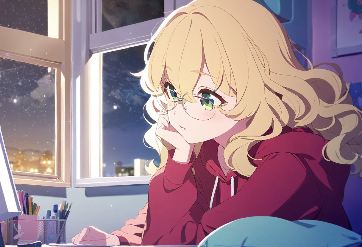1girl, solo, girl bedroom, pc, night sky, window, yellow hair, wavy hair, glasses, green eyes,  blonde hair, red hoodie, 