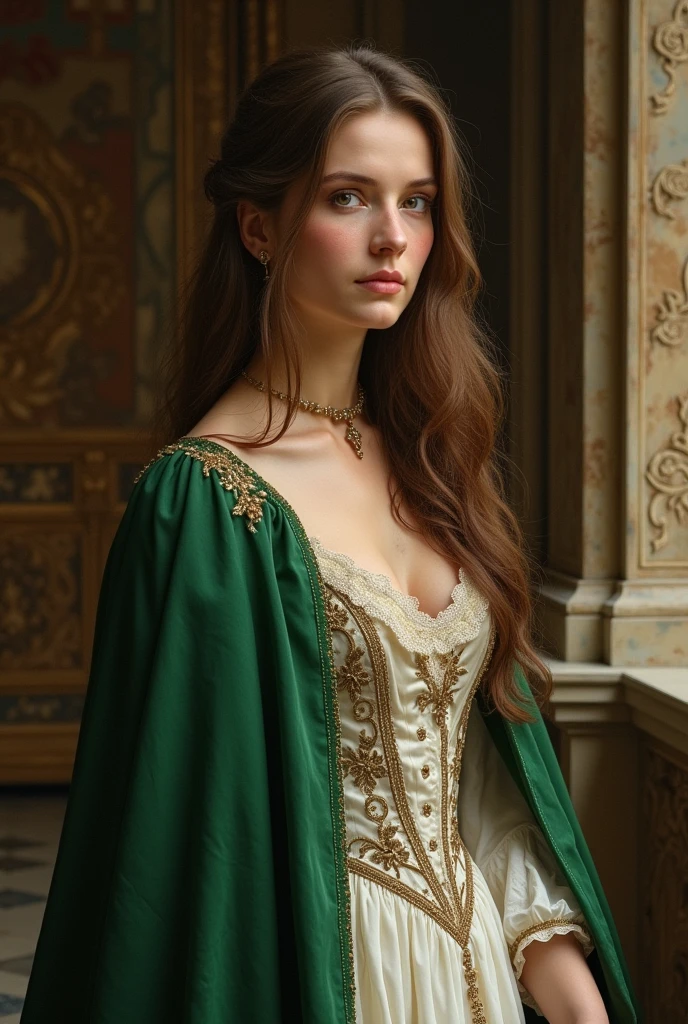 Brown haired woman wearing white and medieval green