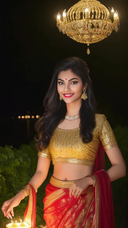 (masterpiece Portrait Photography:1.3) of a ravishing tall seductress girl celebrating Diwali by lighting Diyas, in a elegant Lane, wearing elegant Lehenga and Choli, navel, (ravishing glossy wavy backlit hair),lots of diyas, (big intricate eyes:1.3), (bright smile:1.3) soft dramatic lighting, Diwali decorations, lanterns, children celebrating Diwali, backlit, light rays, highly detailed, trending on artstation, rich colour, festive portrait
