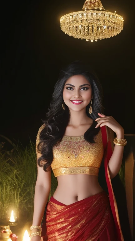 (masterpiece Portrait Photography:1.3) of a ravishing tall seductress girl celebrating Diwali by lighting Diyas, in a elegant Lane, wearing elegant Lehenga and Choli, navel, (ravishing glossy wavy backlit hair),lots of diyas, (big intricate eyes:1.3), (bright smile:1.3) soft dramatic lighting, Diwali decorations, lanterns, children celebrating Diwali, backlit, light rays, highly detailed, trending on artstation, rich colour, festive portrait