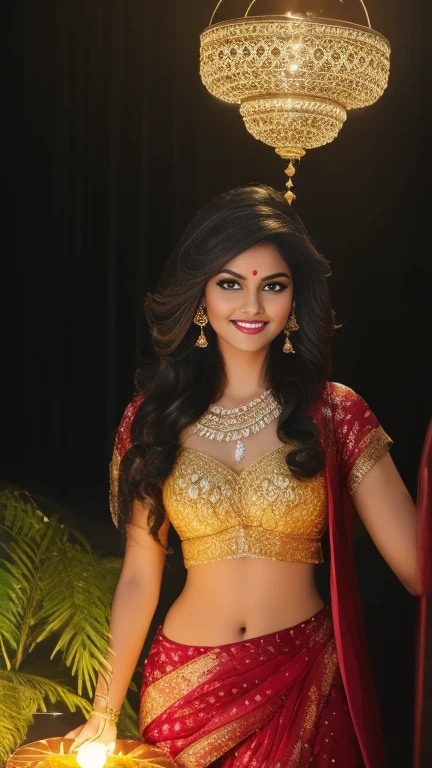 (masterpiece Portrait Photography:1.3) of a ravishing tall seductress girl celebrating Diwali by lighting Diyas, in a elegant Lane, wearing elegant Lehenga and Choli, navel, (ravishing glossy wavy backlit hair),lots of diyas, (big intricate eyes:1.3), (bright smile:1.3) soft dramatic lighting, Diwali decorations, lanterns, children celebrating Diwali, backlit, light rays, highly detailed, trending on artstation, rich colour, festive portrait