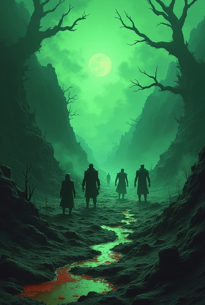 Rpg illustration A blighted, cursed landscape where the very earth seems to ooze with malevolent energy. The ground is dark and twisted, with toxic fumes rising from fissures and pools of vile liquid. The sky is a sickly green, and the characters on the battlefield look weakened, their health visibly deteriorating as they stand on the tainted ground..