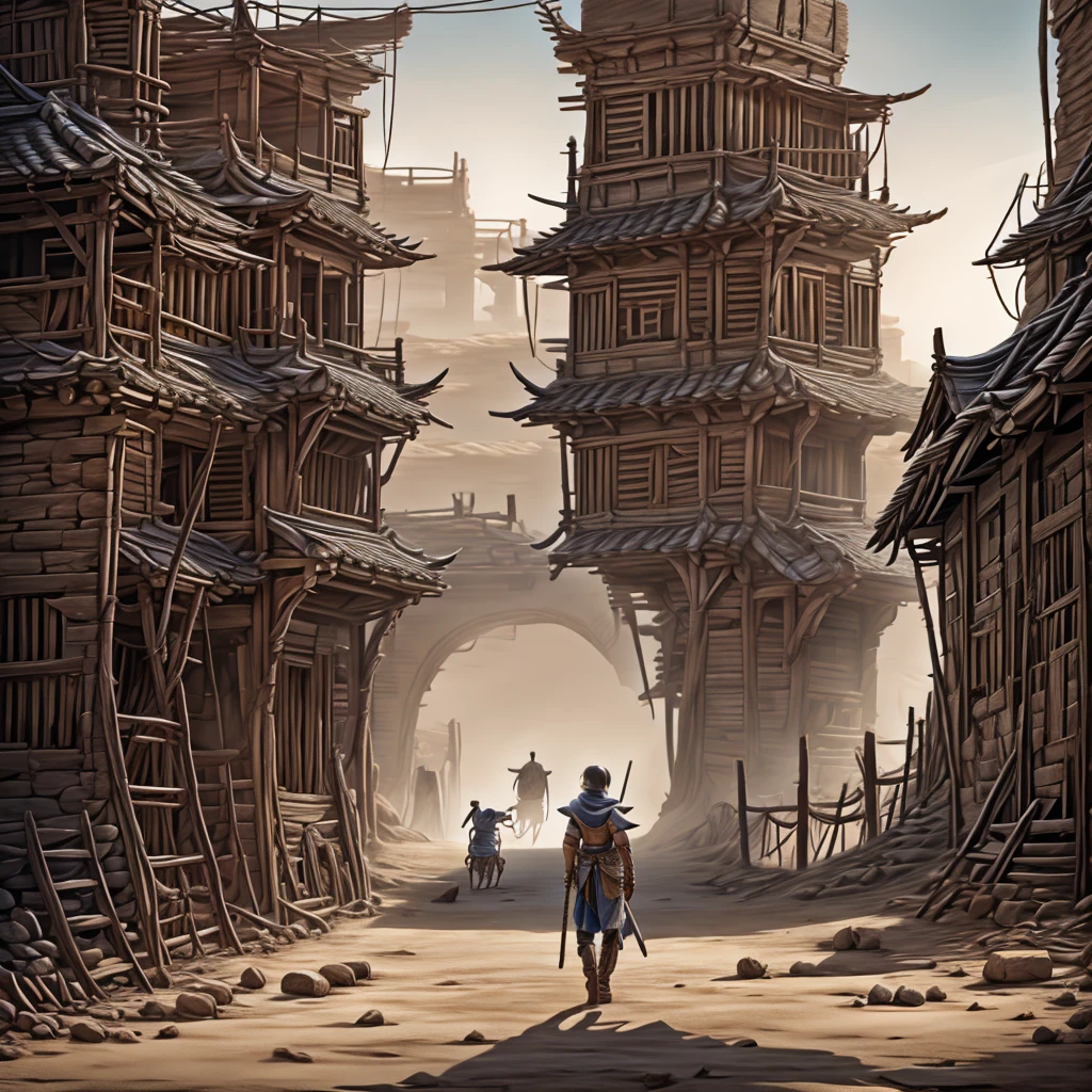 An ancient walled city surrounded by a wooden palisade