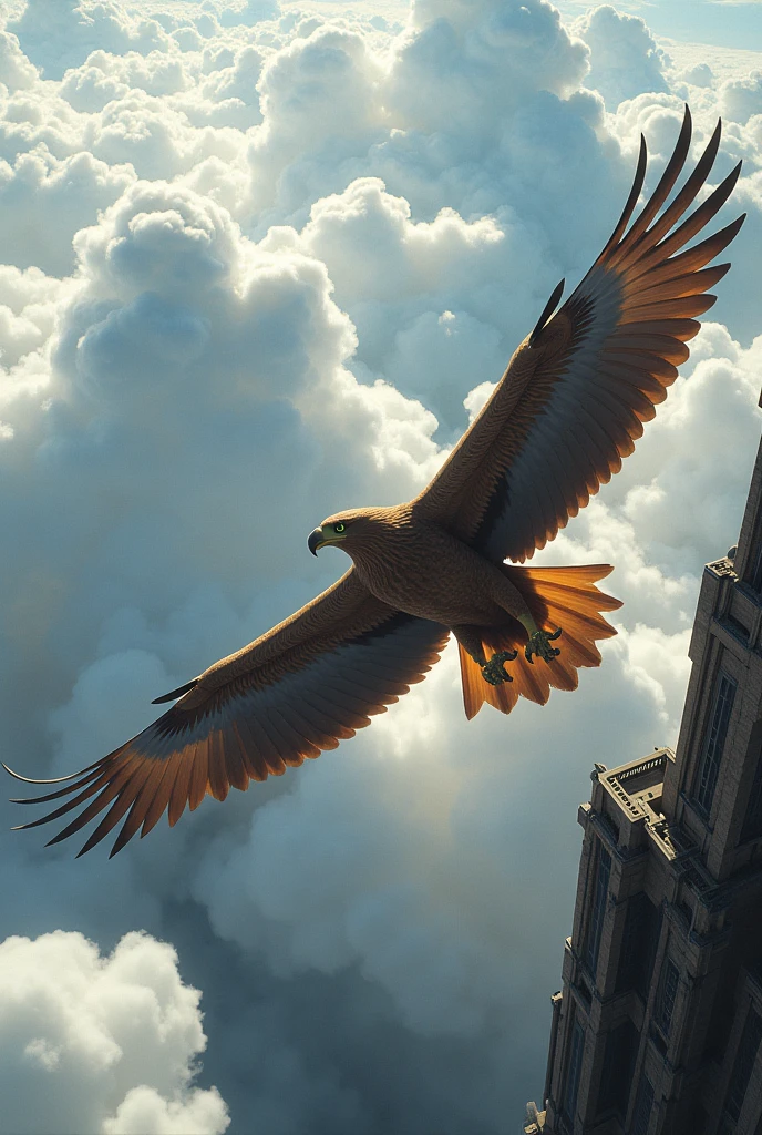 Giant eagle bird flying in the sky through the clouds looking from a tall building