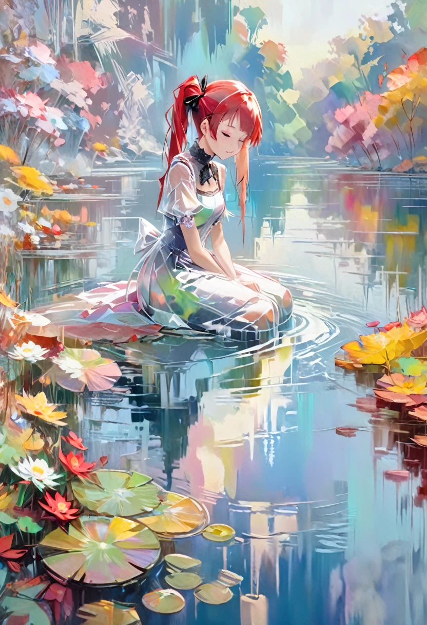 Painting the cyberpunk world with oil paintings, using impressionist colors, (pale colors:1.5 ) ,Monet's、A girl with red pigtails wearing a cyber chic dress Sleeping by the lake,The girl is very beautiful and pretty, about .Beautiful red hair in twin tails,The girl is wearing a cyber chic gothic ****ta dress with red and white as the main colors.A girl is sitting by a beautiful lake in cyberspace and dozing off alone.holographic effect of lake surface,Around the lake, you can see the autumn leaves of trees floating in beautiful cyberspace.Beautiful expression of cyberspace,High quality, high precision image, masterpiece, best quality, 4k.8k. ultra detail, professionally painted oil painting,