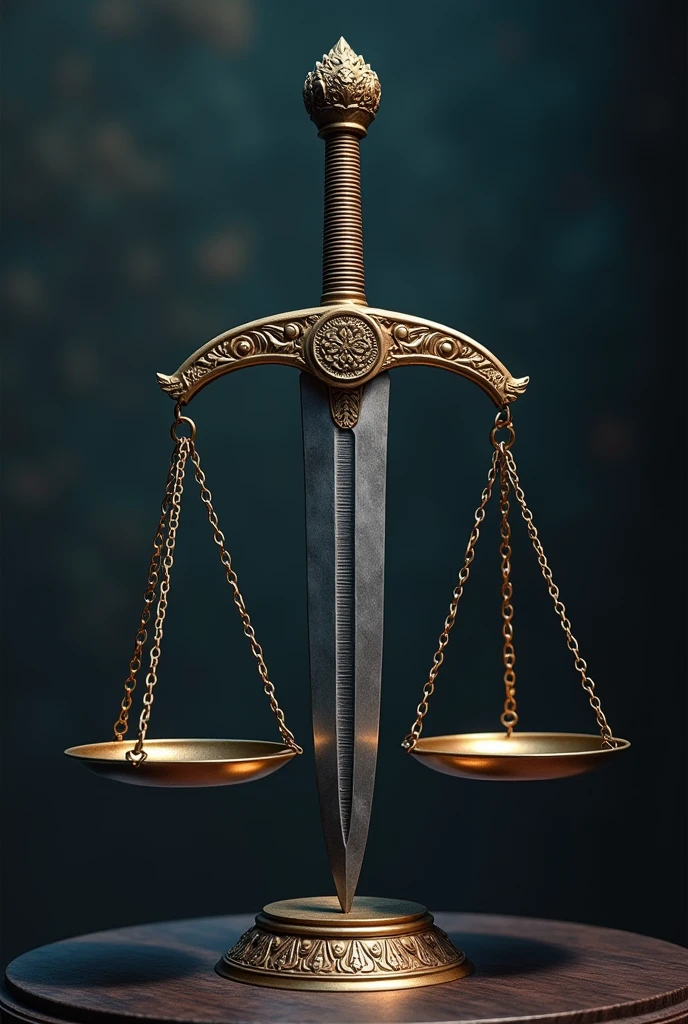 Image of a sword and scales of justice with a phrase "Truth and justice"