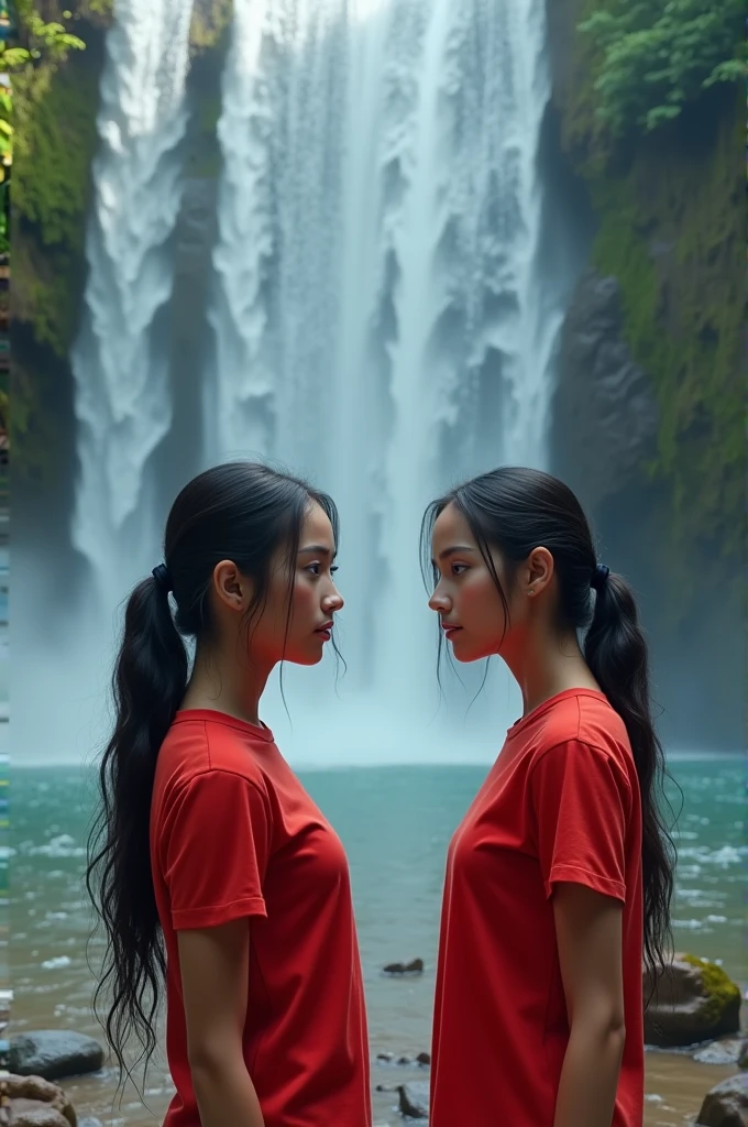 Twin sister infront of a waterfall wearing red tops, hyper realistic