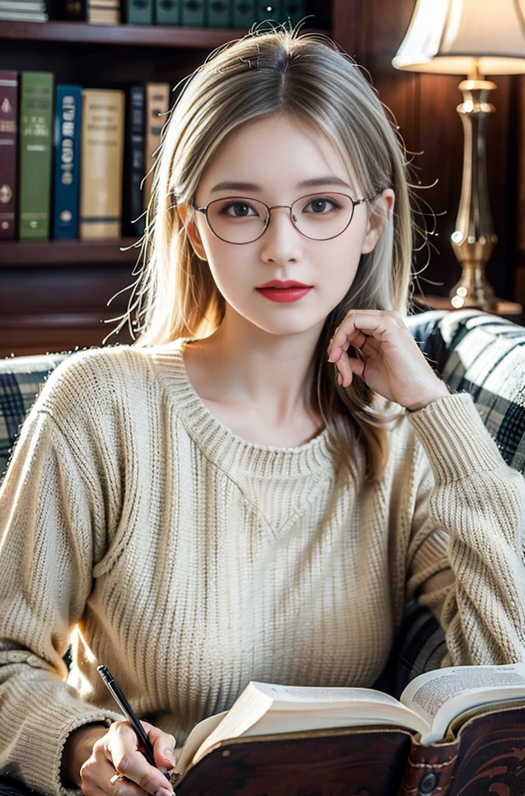 (best quality, ultra-detailed), a girl reading a textbook, beautiful detailed eyes, (green eyes:1.2), beautiful detailed lips, longeyelashes, studying, a quiet library, soft natural lighting, bookshelves filled with books, curled up on a cozy armchair, reading glasses, concentrated expression, flowing hair, (white hair:1.3), plaid skirt and bluesky sweater, high-res image, vivid colors, ultra-realistic, photorealistic, photograph, photogenic, bokeh.