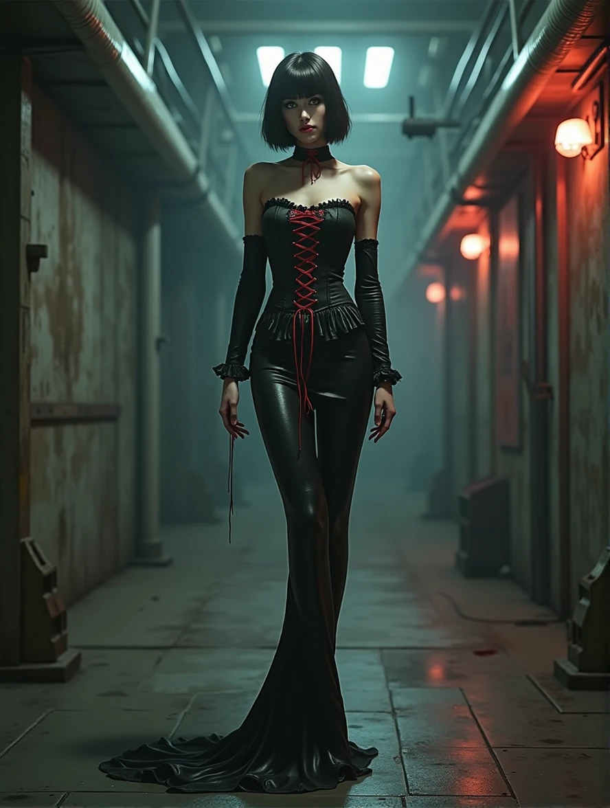 (Photorealism:1.1) woman, brunette, square hairstyle, Long legs, Beauty, dressed in a black long dress, Gothic dress, corset with red lacing, with a long train, high Victorian collar, gray eyes color, cyberpunk background, full height of a girl, inside an industrial building, a view from afar down a long corridor, Lying on the floor, dead, A trickle of blood from the corner of her mouth