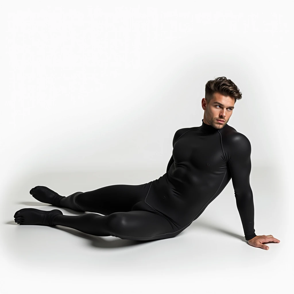 1 male,Slim and muscular,Bodysuits,black,The whole body is projected,White Background,Skin Fade,Lying down
