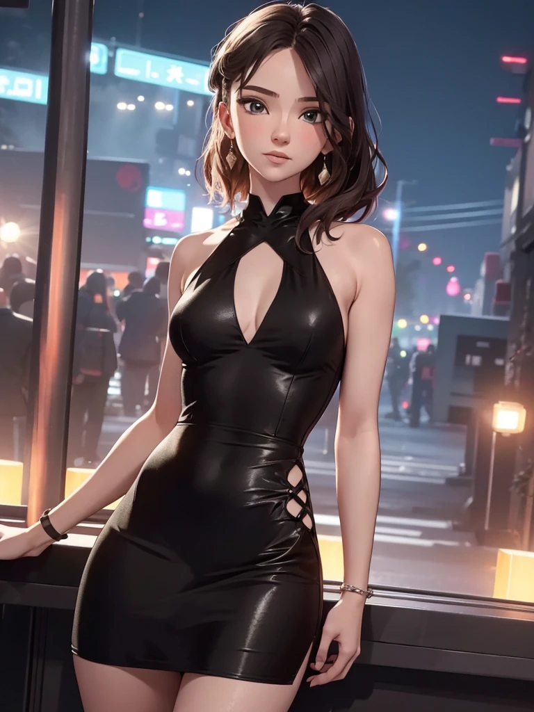 , 1girl, wearing a black colour party frock, modern stylish frock, at a night party, 8k, high detailed, high quality