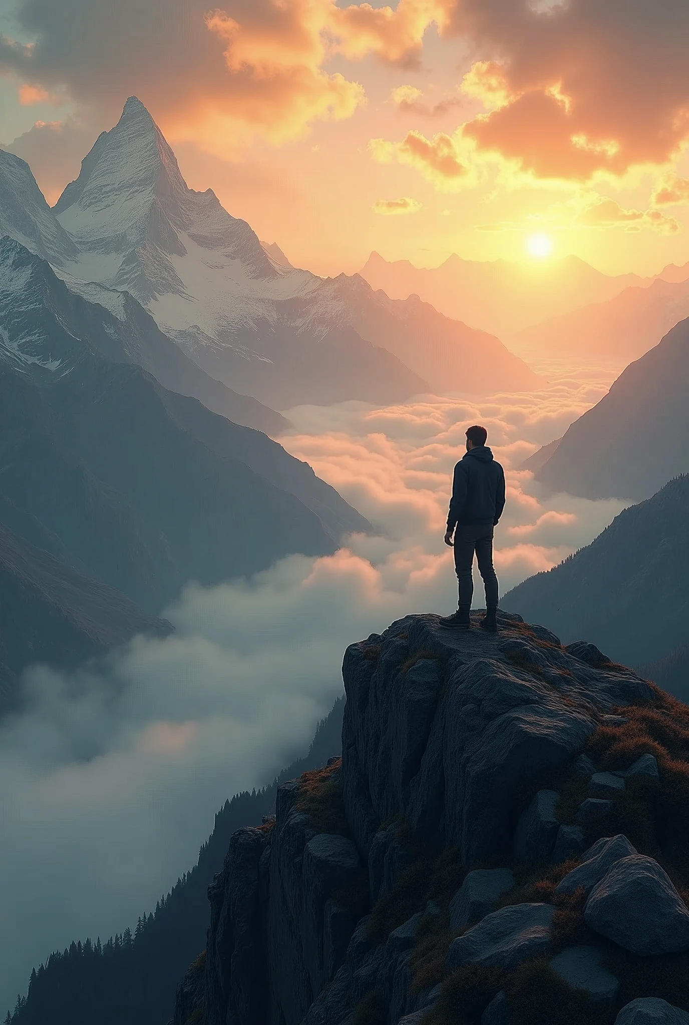 a man standing on top of a mountain, clouds drifting rapidly in the valley below, the sun rising, sunlight appearing, camera moving closer from a distance, intricate details, highly realistic, cinematic lighting, stunning landscape, dramatic sky, golden hour, epic scenery, majestic mountains, moody atmosphere, awe-inspiring vista, masterful composition, sharp focus, vibrant colors, photorealistic, 8k, best quality