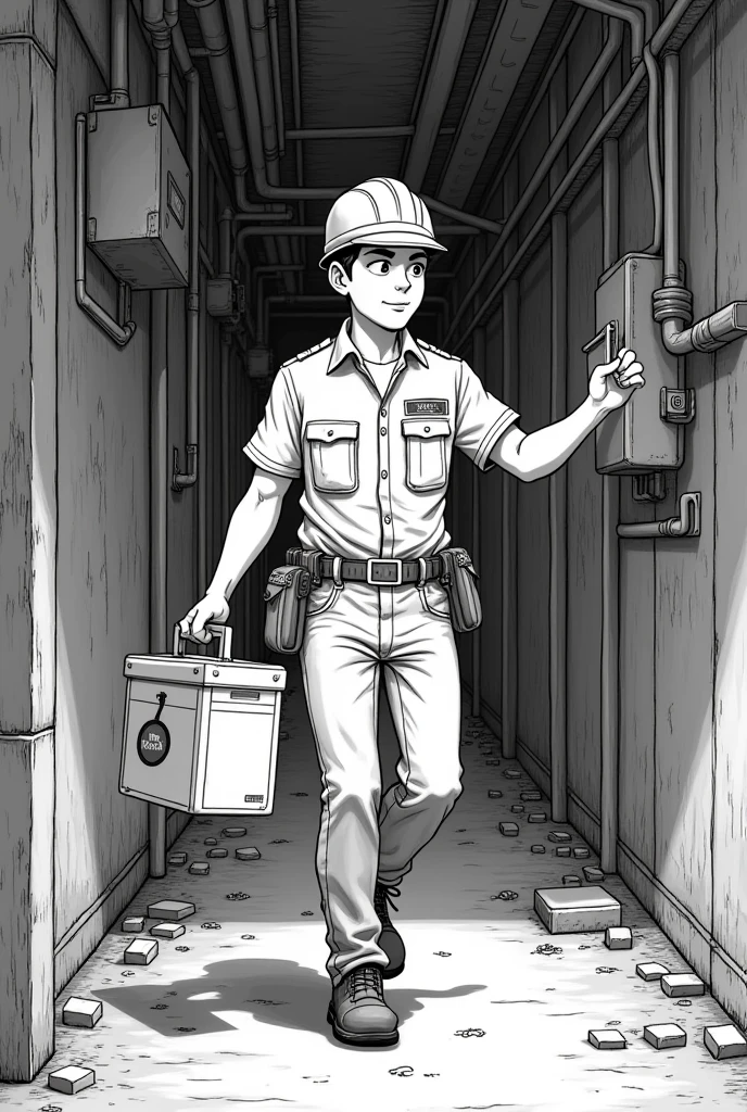 animated electrician on call in black and white like a drawing