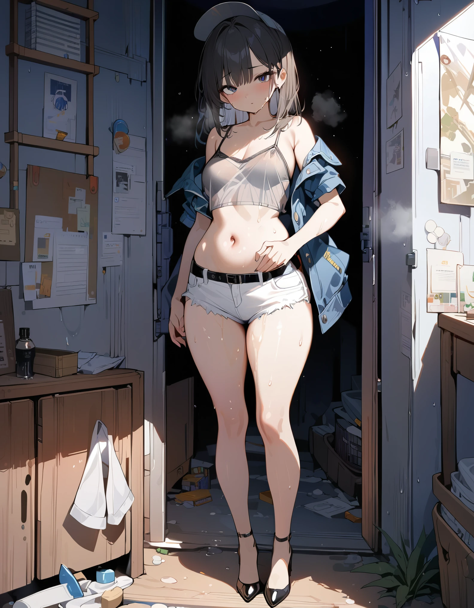(8k, best quality, masterpiece:1.2),(extremely detailed eyes,extremely detailed face and features),(extremely detailed clothing),(1 girl:1.3),独奏,full body,silica,sister head,black hair,left diagonal bangs,Gray cap,(sweaty)see through Camisole,(Short_sleeved)Denim jacket,navel,belly,slim waist,White Linen Shorts,Black belt,round and thick thigh,beautful detailed legs,high heels,