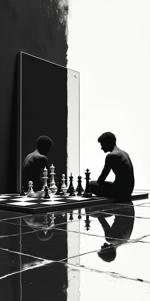 Chess board during a game with a person playng against himself in the mirror.
Black and White abstract background 
