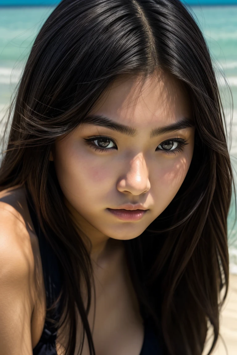 Unbelievable photography,((photorealistic,)),beautiful Japanese girl,18old,black bikini,beautiful face,stern expression,glare at,semi-long hair,peer in from below,beach,high quality,photorealistic,dslr