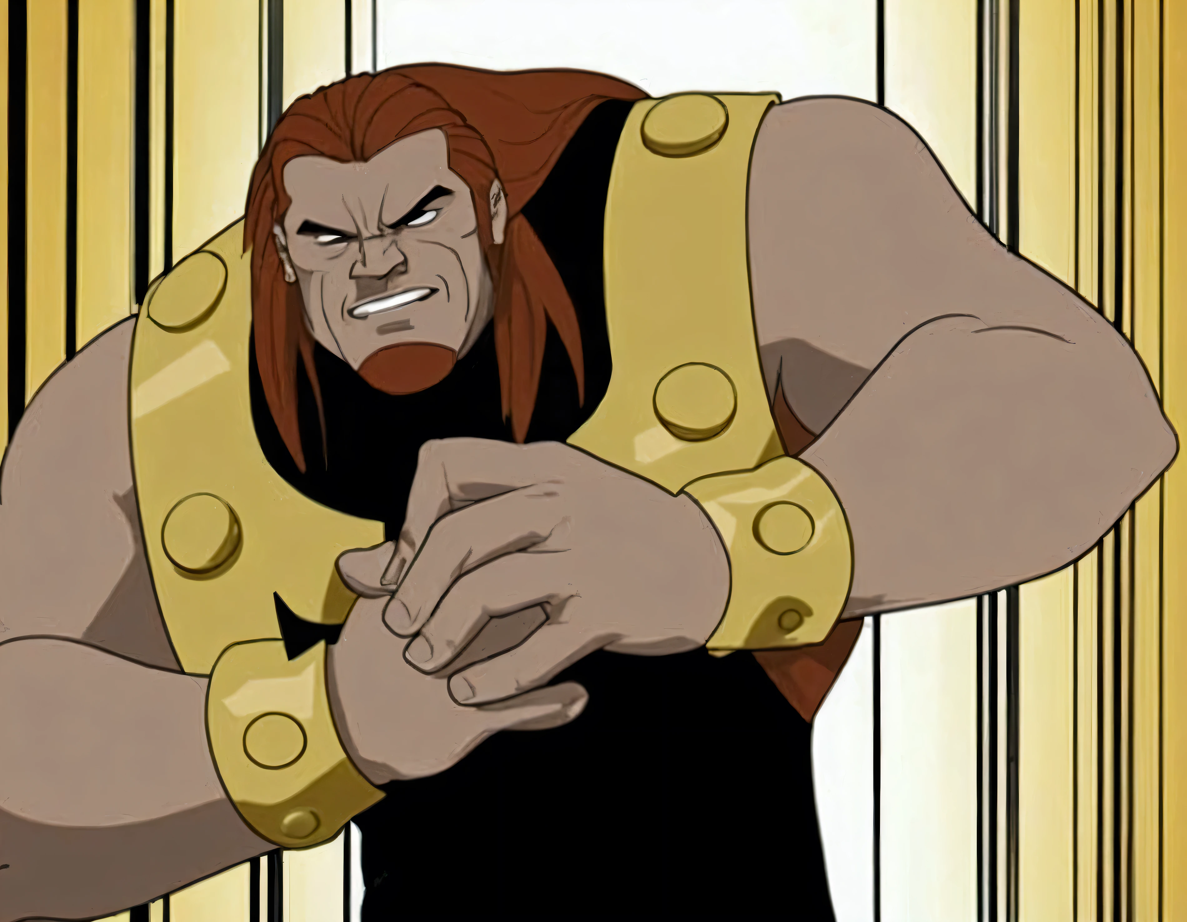 Action movie scene with big muscled man with huge pecs