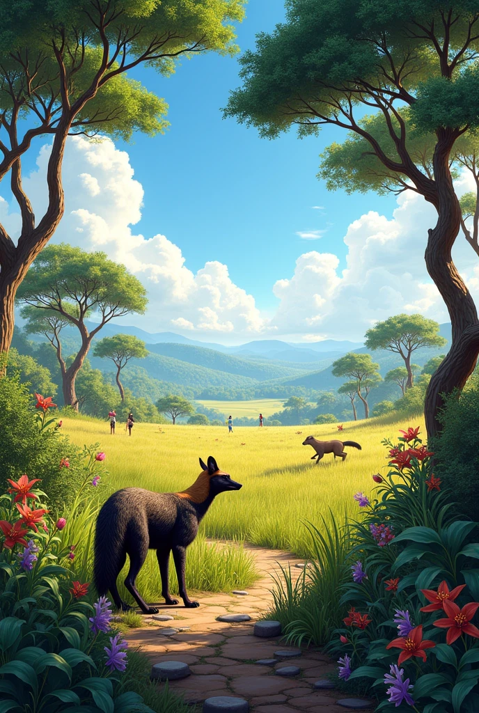 A vast open field, with tall grasses and some trees characteristic of the Brazilian cerrado such as the pequi tree and the ipê. You can see a maned wolf running in the background, while a giant anteater is feeding on ants in one of the trees. A group of people may be on a trail, admiring the beauty of the place.
In floor, you can find stones and some colorful flowers, like the orchids of the cerrado, adding vibrant touches to the landscape. The sky is blue with some white clouds, and the sun shines brightly.