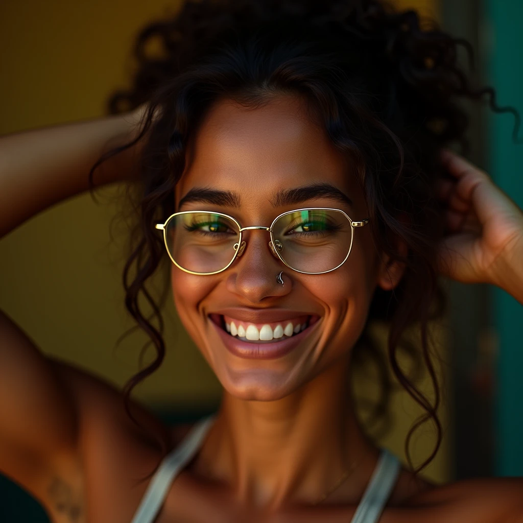 un portrait photographique d'Une belle femme, (heureux), (sourire), (face portrait:1.5), lumière dramatique, (hyperréalisme:1.2), (8k euh:1.2), tourné avec Canon EOS 5D Mark IV, Visage détaillé, cheveux détaillés, differente positions avec la main dans les cheveux, petit anneau dans la narine droite du nez. Cheveux attaches, bresilienne. Porte des lunettes hexagonales, la monture est fine et doree