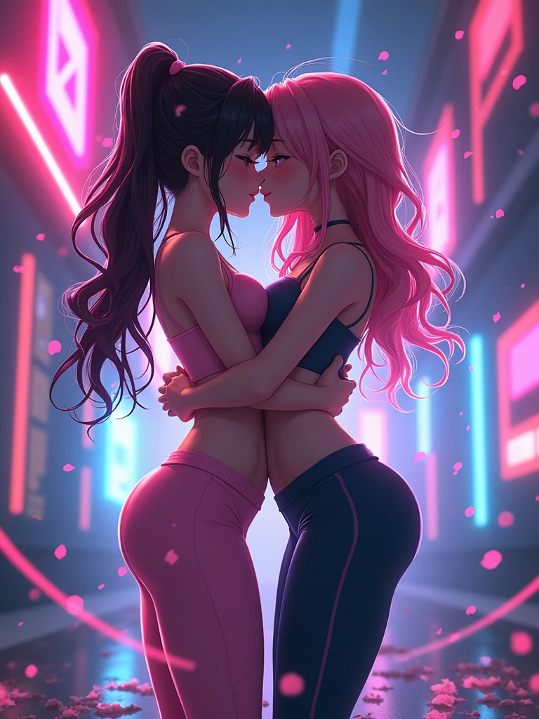anime girls kissing passionately in neon leggings