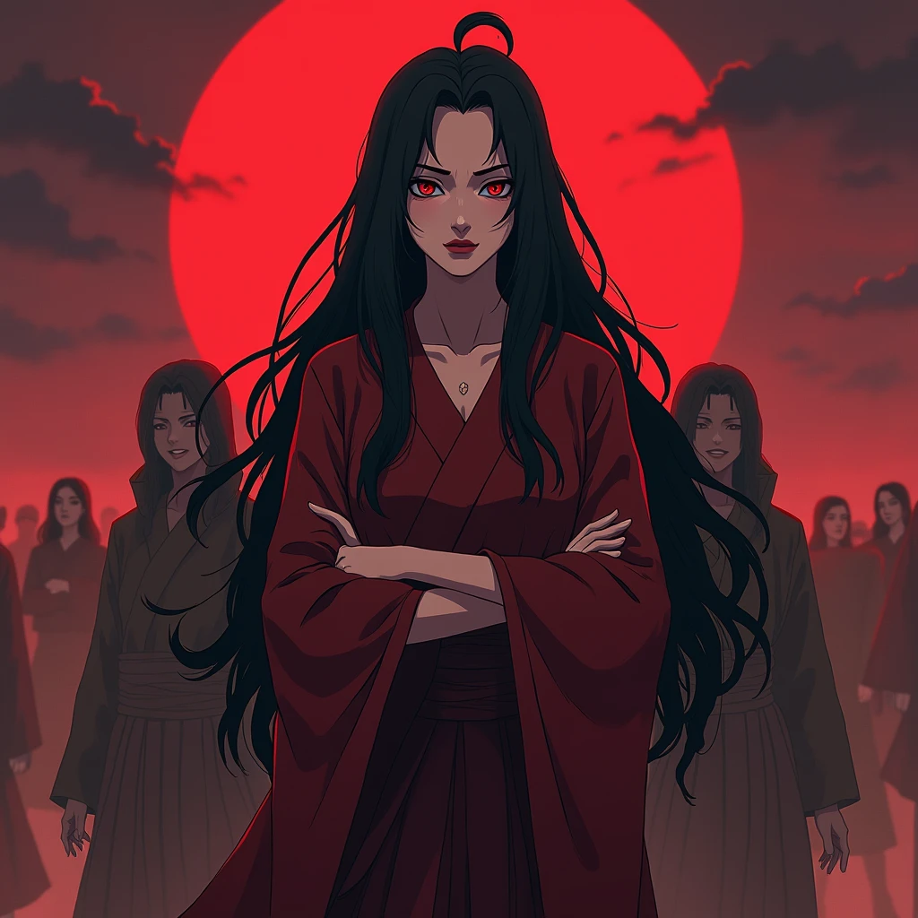 AAnimated picture in Ndemon slayer artstyle. On the picture there is a woman who looks like the female version of itachi uchiha. She has long hair and is dressed up like madara uchiha in 4. world war. She is also standing line him, armes crossed and has an evil psychotic laugh on her face. She stands in front of her enrmies