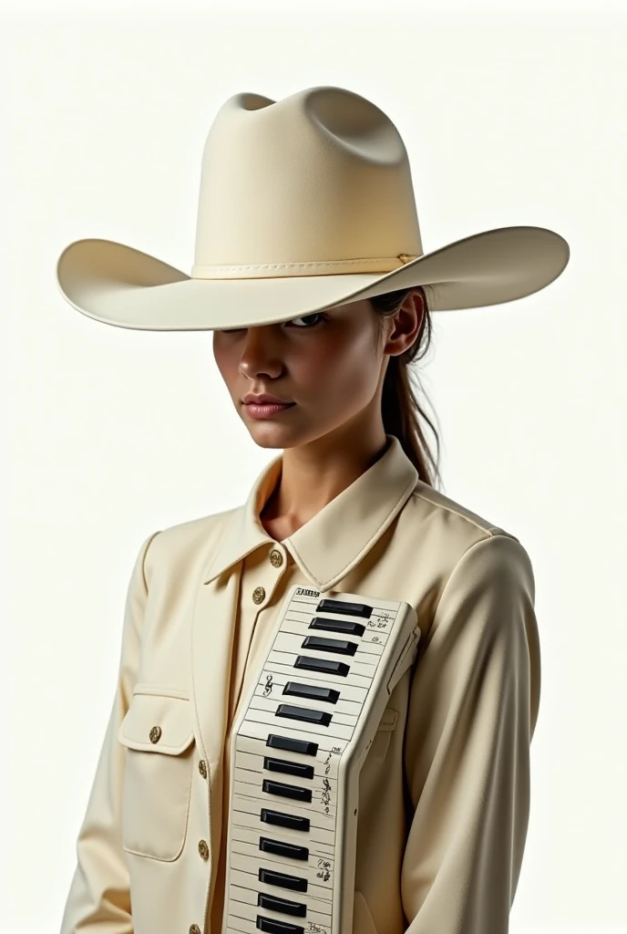 Cream-colored rancher hat, with musical keyboard replacing the entire skirt of the hat, White background