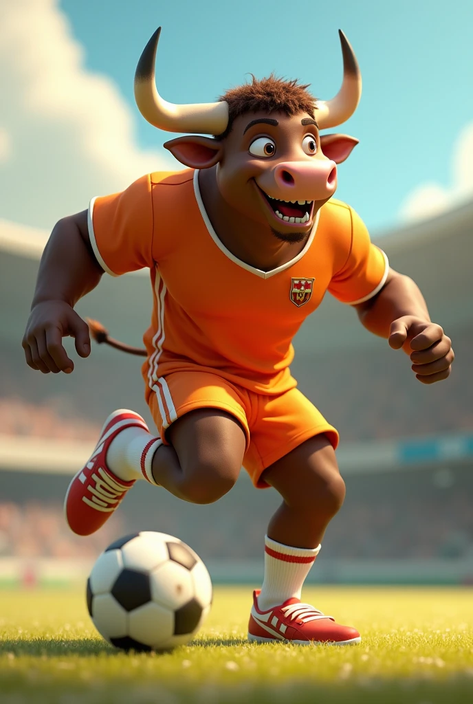 Adult bull  cheerful muscular animated kicking soccer ball with, orange sports uniform in profile 
