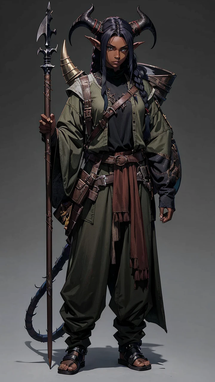 Dark fantasy character, tiefling, dark-skinned woman, very tall, muscular, long tail, short small horns, medieval clothing, simple armor, spear user, casual travelling clothes, survival equipment, warrior, barbarian, assassin, loose trousers, shirt, backpack with things, raincoat, vest, long dark messy hair with braids, she is 2.5 meters tall, reference with the head, couple outfits