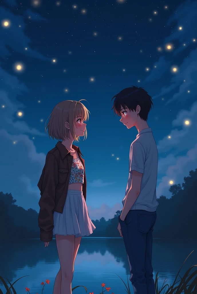 Background of a lake with floating lights in the sky while it's night. A light brown-haired girl, amber eyes, and a slight pink hue on his cheeks. With a white skirt above her knees, and a sleeveless, short floral shirt, with a leather jacket on top, but let it be big. a black haired boy, Blue-eyed, and some light freckles on his face, with a white shirt and jeans that aren't too tight. The girl is smiling with her head held high Towards the sky, watching the lights. The boy silently observes her with the corner of his right lip raised, in their eyes there's a glow, and they're in the distance 
