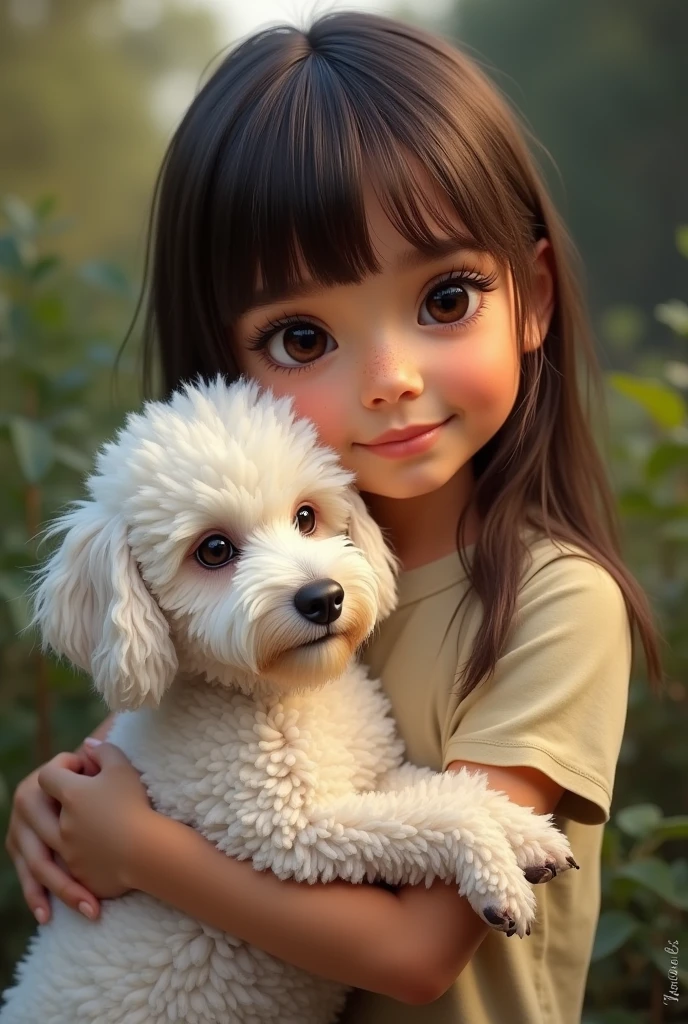 (photo realist:1.2),  Brazilian woman approximately , straight brown hair with bangs, Eye Brown grande e puxado, dimple on the cheek, button nose, thin upper lip and normal lower lip. Holding white poodle dog, with curly hair, Eye Brown. real photografic