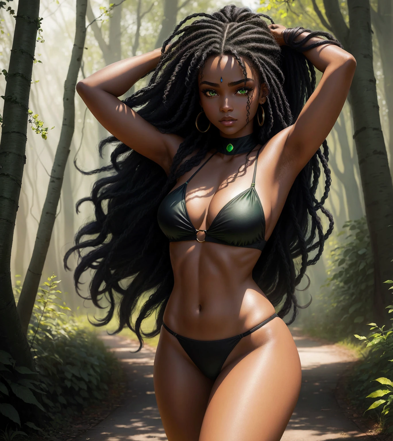 Close-up photo portrait of a beautiful ebony age girl_woman as druid, dark make-up,Long wavy hair, (big perfect green eyes), Perfect big lips,, epic character composition, from front view, atmospheric scene, work of art, best qualityer, (detailed gorgeous face, skin texture detail, ultra-detailed body:1.1), diffuse lighting, whole body, perfectbody, beautiful figure, dance pose, Wearing a black bikini, facing the front, going to the forest