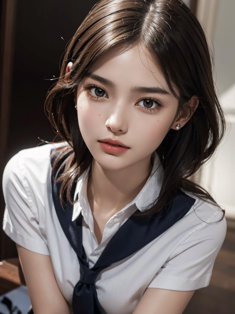 absurdres, RAW photo, extremely delicate and beautiful, masterpiece, Best Quality, ultra high resolution, 32k, hyperrealistic, ultra-detailed, perfect anatomy, super Detailed skin, perfect figure, Super Beauty, Perfect Style, Perfect balance, Beautiful Lighting, Perfect Lightning, Realistic Shadows, 20 years old, very Slim body, narrow waist, very small head, very small face, delicate facial features, handsome detailed woman, very detailed eyes and face, realistic face proportions, Realistic beautiful face, Realistic beautiful eyes, tearful mole, earring, very huge round breasts, legs, medium hair, whole body shot, indoor, school_uniform, dress shirt, pleated skirt,