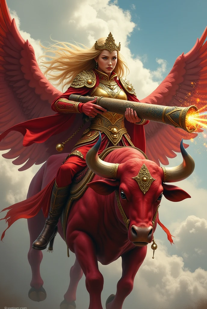 A Thai female warrior with long golden hair, red and gold armor, an ancient golden cannon with a rainbow-colored light at the end of the barrel, standing on a red bull with bird-like wings, flying in the sky.