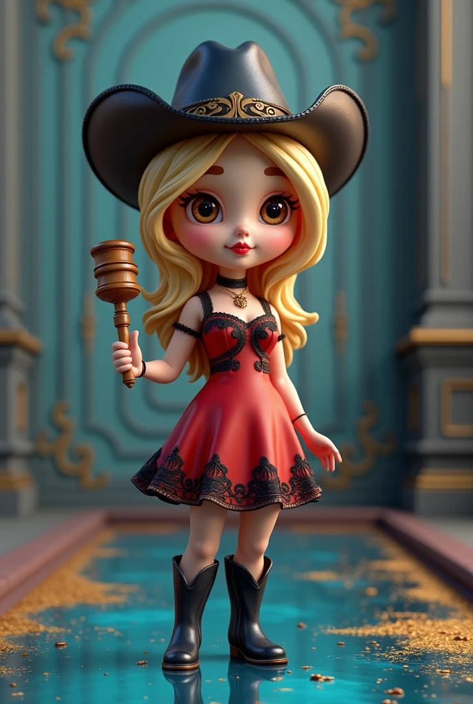 Set against a reflective sapphire liquid with hints of of gold is an adorable 3D render of a slender little chibi-style cowgirl wearing a sapphire cowboy cap and sapphire cowboy boots with one hand on her hip, wearing a deep red satin dress with black lace detailing, on The other hand ajudge gavel . She has striking brown eyes and is adorned with red lipstick, Blonde hair. The woman is positioned against a backdrop of ornate gray walls with intricate moldings. She wears a choker necklace with a pendant and has a confident, alluring expression.
