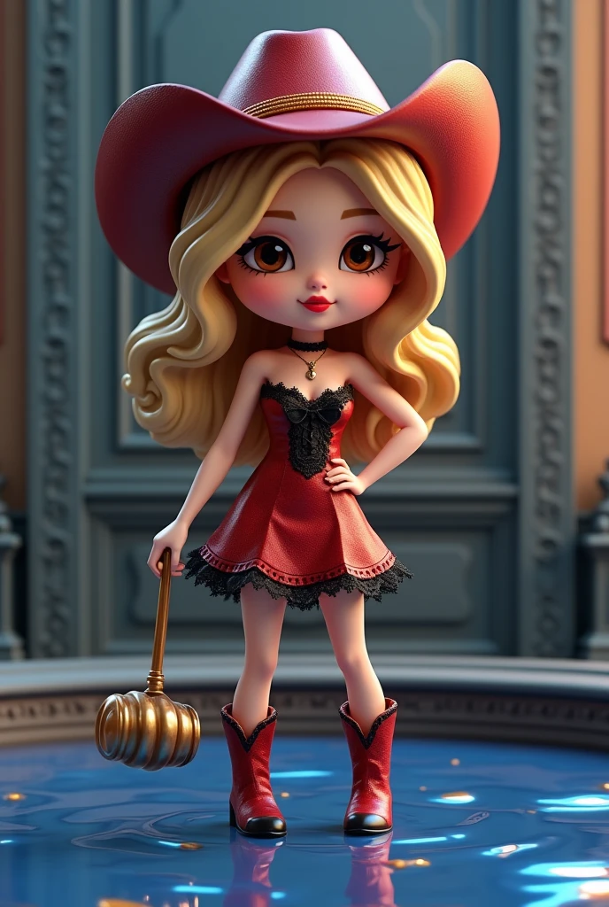 Set against a reflective sapphire liquid with hints of of gold is an adorable 3D render of a slender little chibi-style cowgirl wearing a sapphire cowboy cap and sapphire cowboy boots with one hand on her hip, wearing a deep red satin dress with black lace detailing, on The other hand ajudge gavel . She has striking brown eyes and is adorned with red lipstick, Blonde hair. The woman is positioned against a backdrop of ornate gray walls with intricate moldings. She wears a choker necklace with a pendant and has a confident, alluring expression.