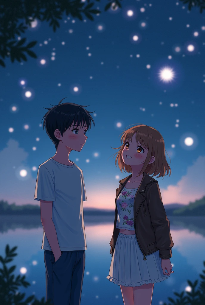 Background of a lake with floating lights in the sky while it's night. A light brown-haired girl, amber eyes, and a slight pink hue on his cheeks. With a white skirt above her knees, and a sleeveless, short floral shirt, with a leather jacket on top, but let it be big. a black haired boy, Blue-eyed, and some light freckles on his face, with a white shirt and jeans that aren't too tight. The girl is smiling with her head held high Towards the sky, watching the lights. The boy silently observes her with the corner of his right lip raised, in their eyes there's a glow, and they're in the distance 
