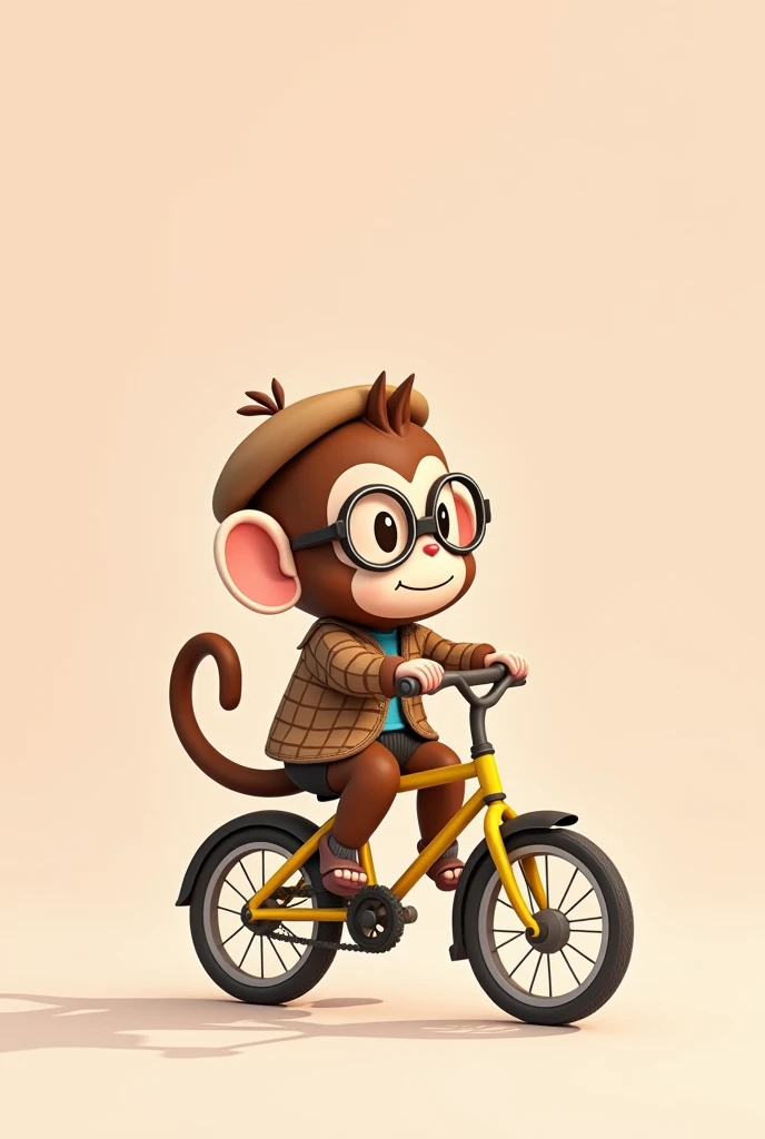 A monkey with a tail, a chibi baby, riding a yellow bicycle but as if it were drawn with a very light pink background and with a brown checkered jacket.,with round prescription glasses,looking to the right totally looks like chibi with beret, without pants