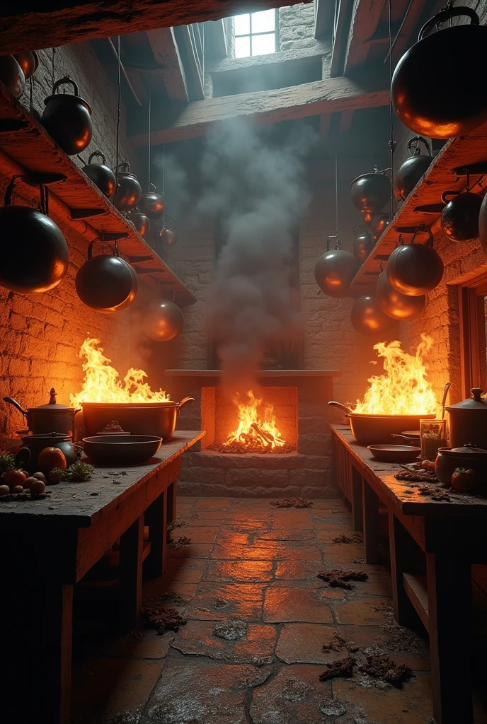 Medieval kitchen with pots catching fire, no people.

