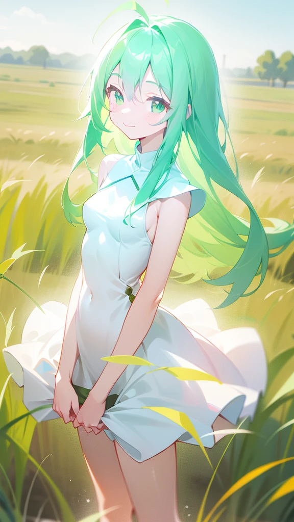 Kizi,((body small)),Little white dress. hair green,long hair,eyes locked,,standing alone,cute,happy face,ssmile,blush,cowboy shot,(standing in a field of grass,lighting sun),(shinny body) breasts small.