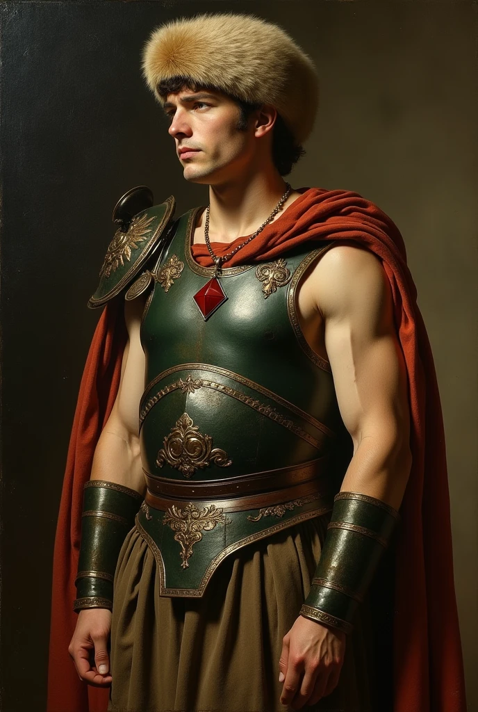 {{Masterpiece, best quality, oil painting, by Théodore Géricault, male focus, muted colors}}, the composition is: (((((a dramatic half body portrait of a 18 year old ancient Roman gladiator, sexy, magnificent, wearing a beige Russian fur hat, he is wearing a red diamond shape pendant))))). ((((He is wearing a dark green lorica armor made of velvet, alligator leather, with ronin inspired elements, Slavic inspired elements, wearing a satin sash)))).
